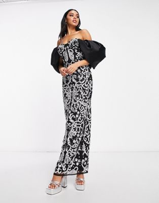 ASOS LUXE dramatic collar embellished maxi dress in black - ASOS Price Checker