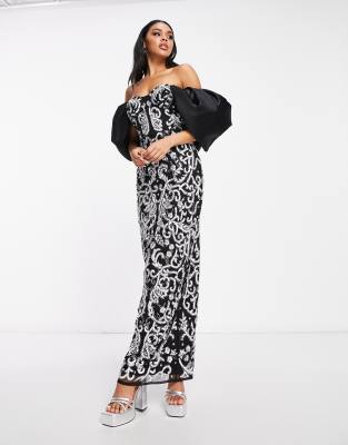 ASOS LUXE dramatic collar embellished maxi dress in black - ASOS Price Checker