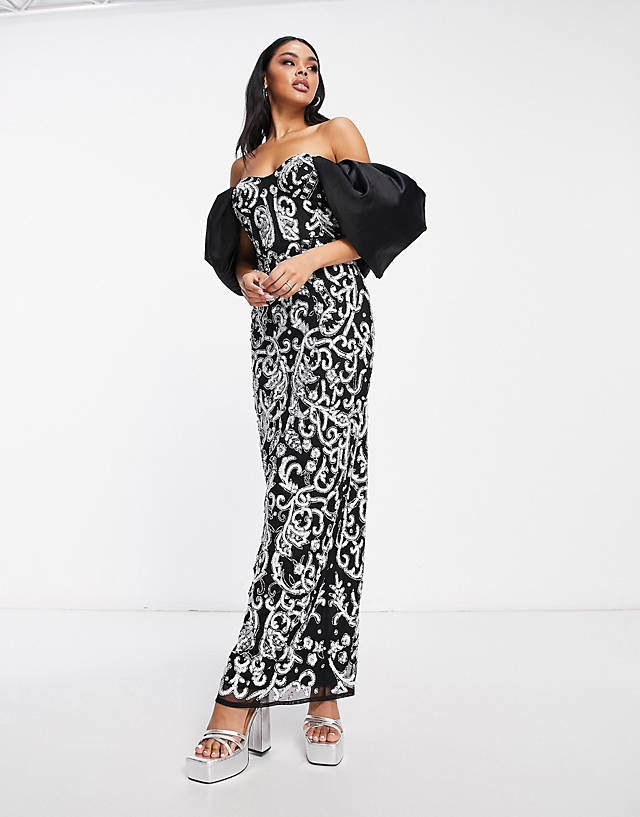 ASOS LUXE dramatic collar embellished maxi dress in black
