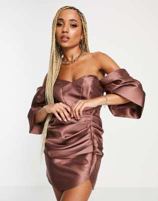 ASOS LUXE drape wrap satin mini dress with structured sleeve in chocolate-Brown