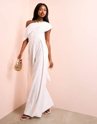 ASOS LUXE ASOS LUXE drop shoulder jumpsuit with bow back in cream-White