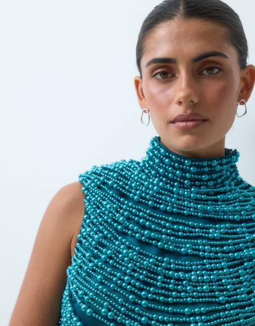 ASOS LUXE - Dyb grøn top med høj hals og perleudsmykning, 5 af 5