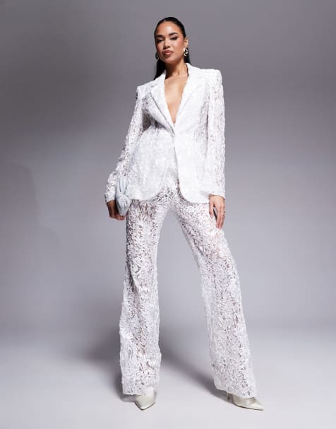 ASOS Luxe – Elegancki koronkowy zestaw w kolorze kości słoniowej: spodnie dzwony i marynarka - view 1