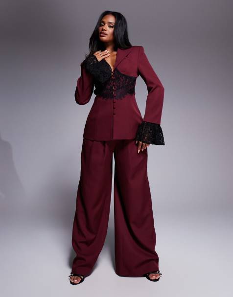ASOS LUXE - Elegante broek met wijde pijpen in bordeauxrood, deel van co-ord set - view 1