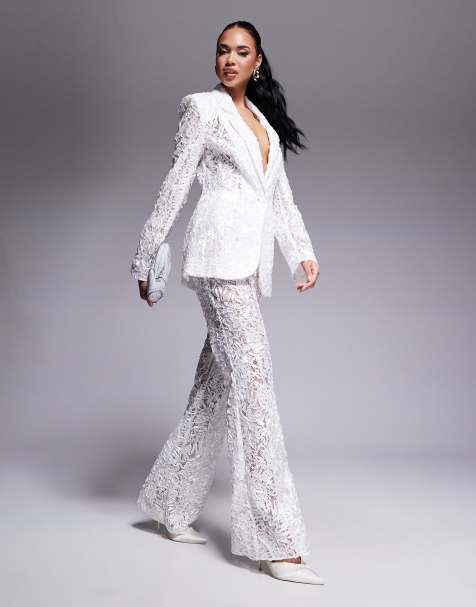 ASOS LUXE - Elegante kick flare broek van kant in ivoorwit, deel van co-ord set - view 1