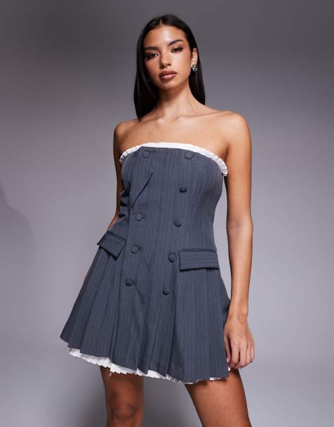 ASOS LUXE - Elegante mini blazerjurk met bandeau-hals en geplooid popeline in grijs - view 1
