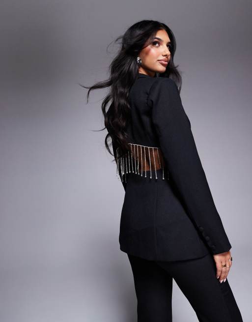 ASOS LUXE - Elegante nette colbert met diamanten franjes in zwart, deel van co-ord set, 4 van 4