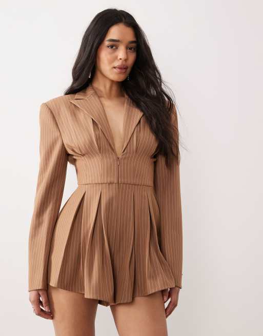 ASOS LUXE - Elegante playsuit met krijtstreep in lichtbruin, 2 van 4