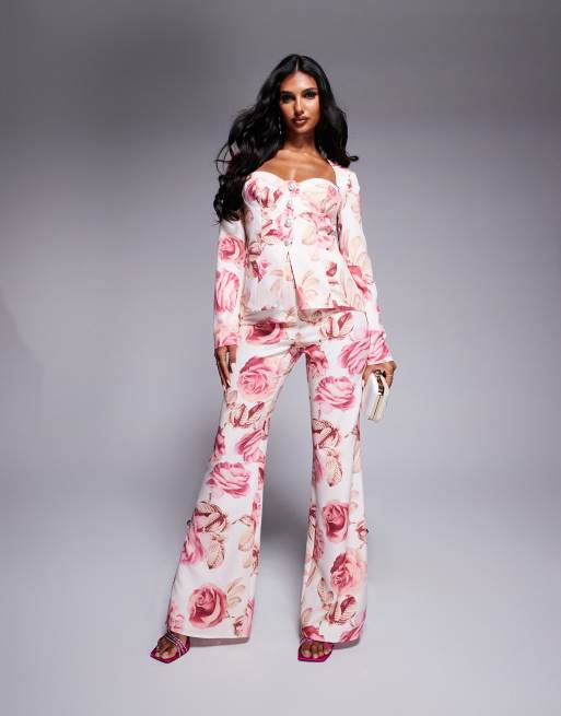 ASOS LUXE - Elegante slim-fit broek met versierde knopen in rozenprint, deel van co-ord set