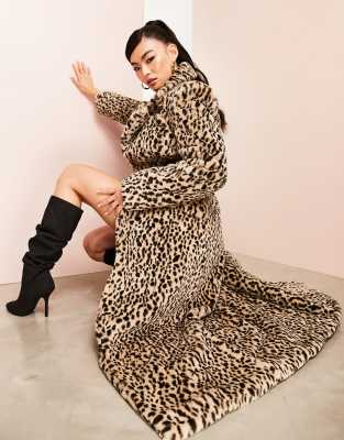 ASOS LUXE - Eleganter Maxi-Mantel aus Kunstpelz mit Leopardenmuster-Bunt
