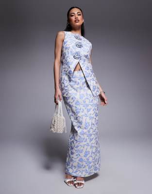 ASOS LUXE - Eleganter Maxirock aus Jacquard mit Schlitz auf der Rückseite und floralem Gobelinmuster, Kombiteil-Blau