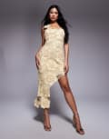 [ASOS LUXE] ASOS LUXE embellished 3D floral asymmetric midi dress in buttermilk-Yellow 16 Buttermilk
