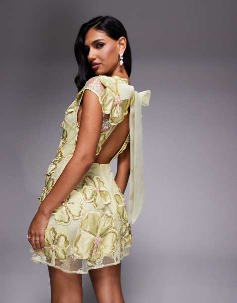 ASOS LUXE embellished 3D floral lace mini dress with drop pearls in yellow - view 1