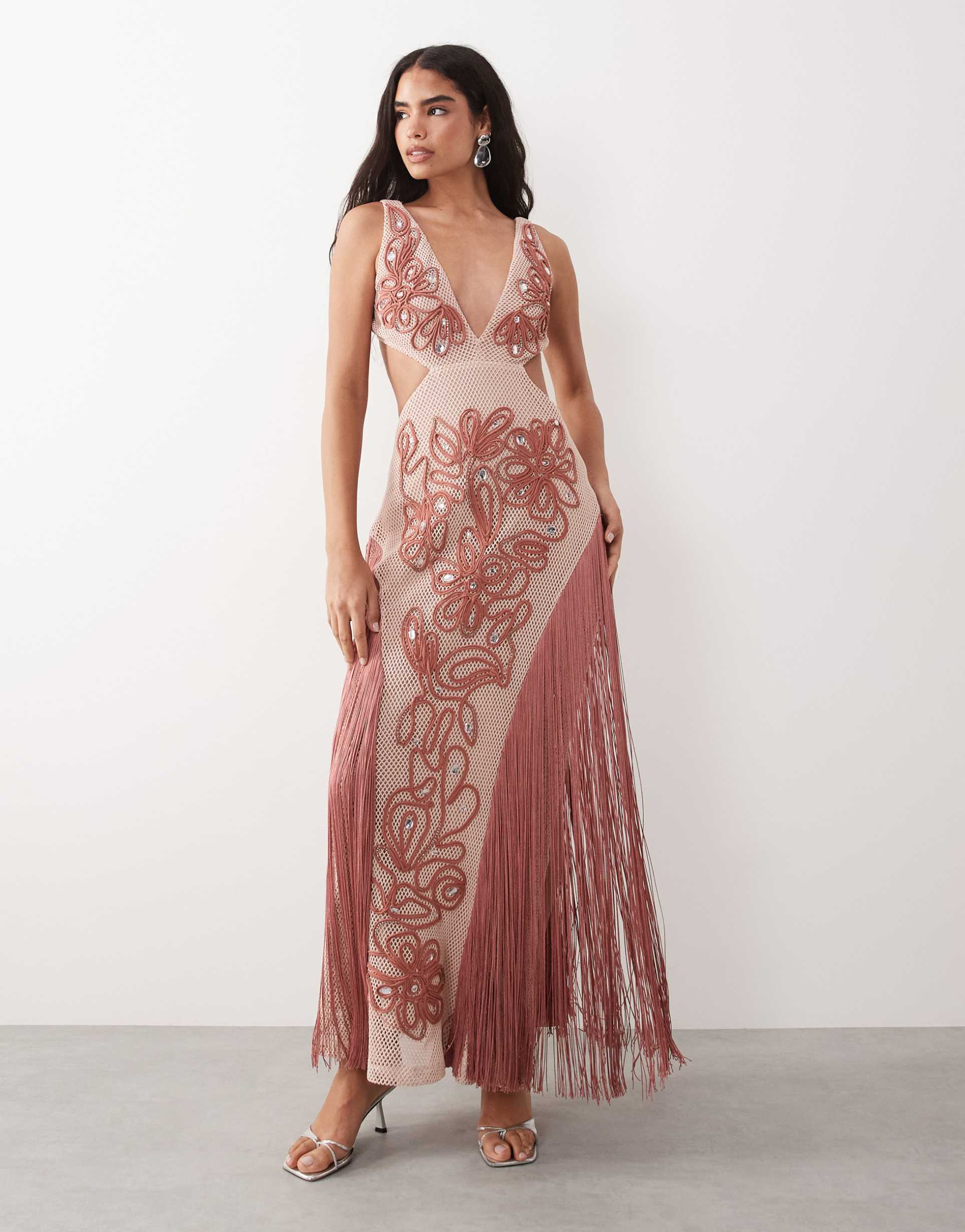 asos luxe embellished beach maxi dress with pink fringe detail