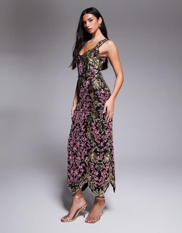 asos black embellished dress LUXE beaded maxi in and gold Classic Tank Dress (Size):XXL evening sandals Plus Size Black & The ASOS DESIGN satin