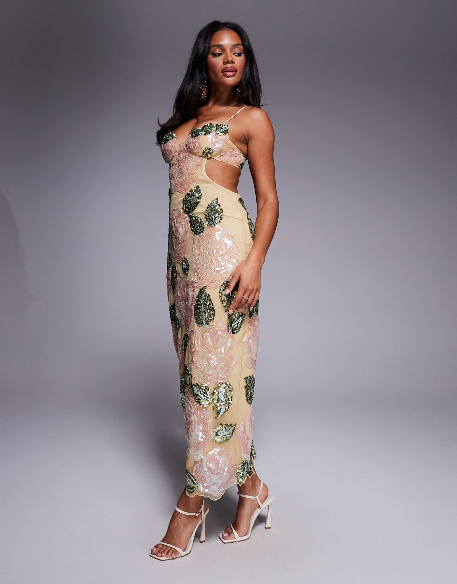 asos luxe embellished beaded rose maxi dress in cream