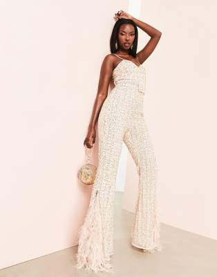 ASOS LUXE embellished fluted sleeve flared jumpsuit in lime