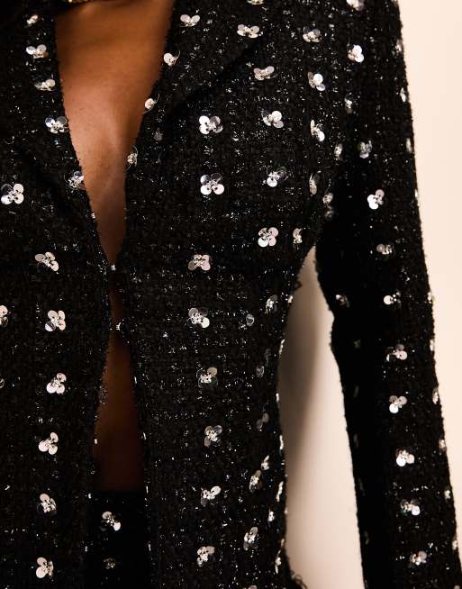 Classy Ladies Boucle Blazer Jacket with Glitter Black #J1086