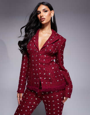 embellished boucle blazer with faux feather hem in Burgundy - part of a set-Red