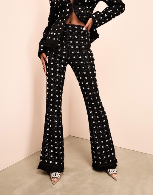 ASOS LUXE embellished boucle kick flare pants with faux feather hem in black & silver, 4 of 4
