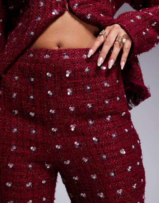 ASOS LUXE embellished boucle kick flare pants with faux feather hem in Burgundy - part of a set