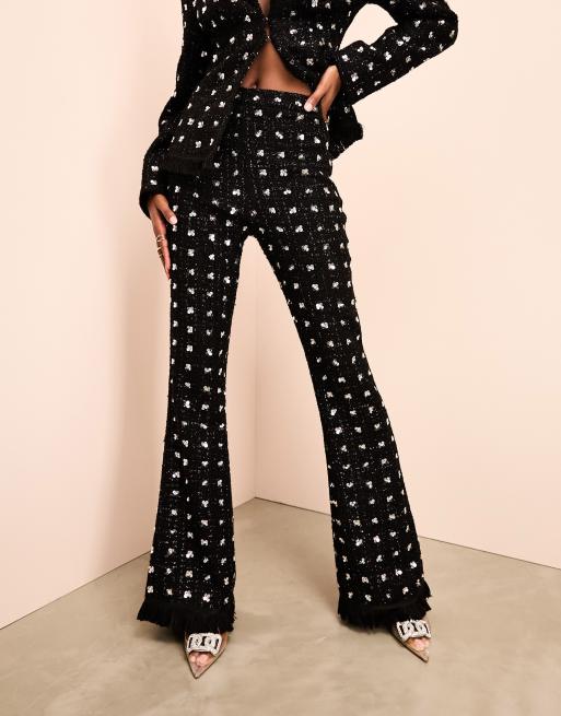 ASOS LUXE embellished boucle kick flare trouser with faux feather hem in  black & silver