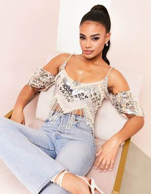 ASOS LUXE embellished cami crop top with draping jewels