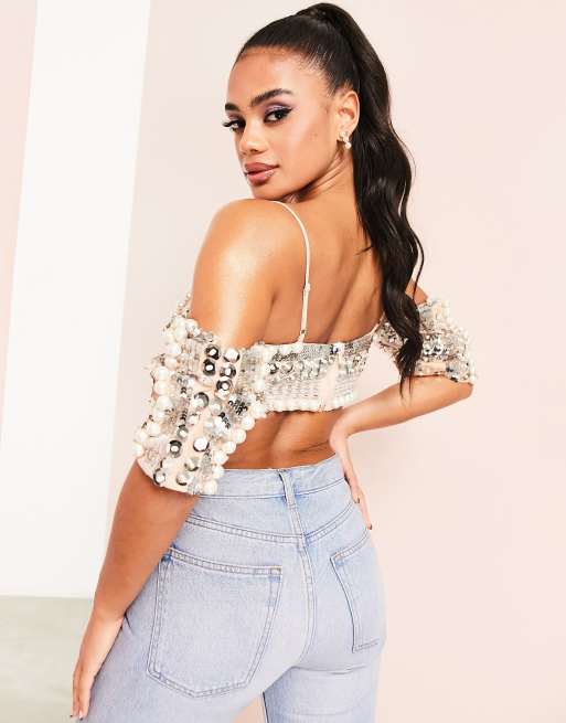 ASOS LUXE embellished cami crop top with draping jewels