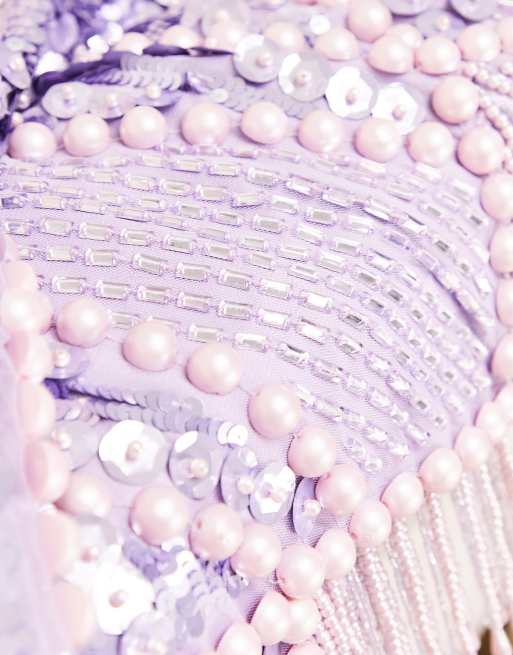 asos purple embellished dress ASOS Embellished Tiered Mini Dress With Tie Detail in Purple