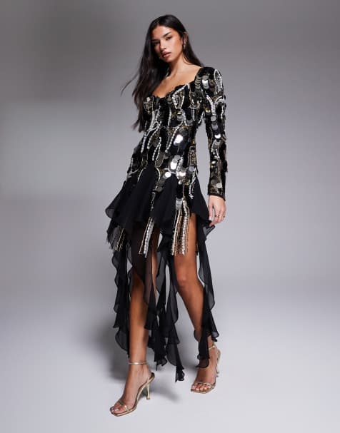 ASOS LUXE embellished chiffon trim mini dress in black - view 1