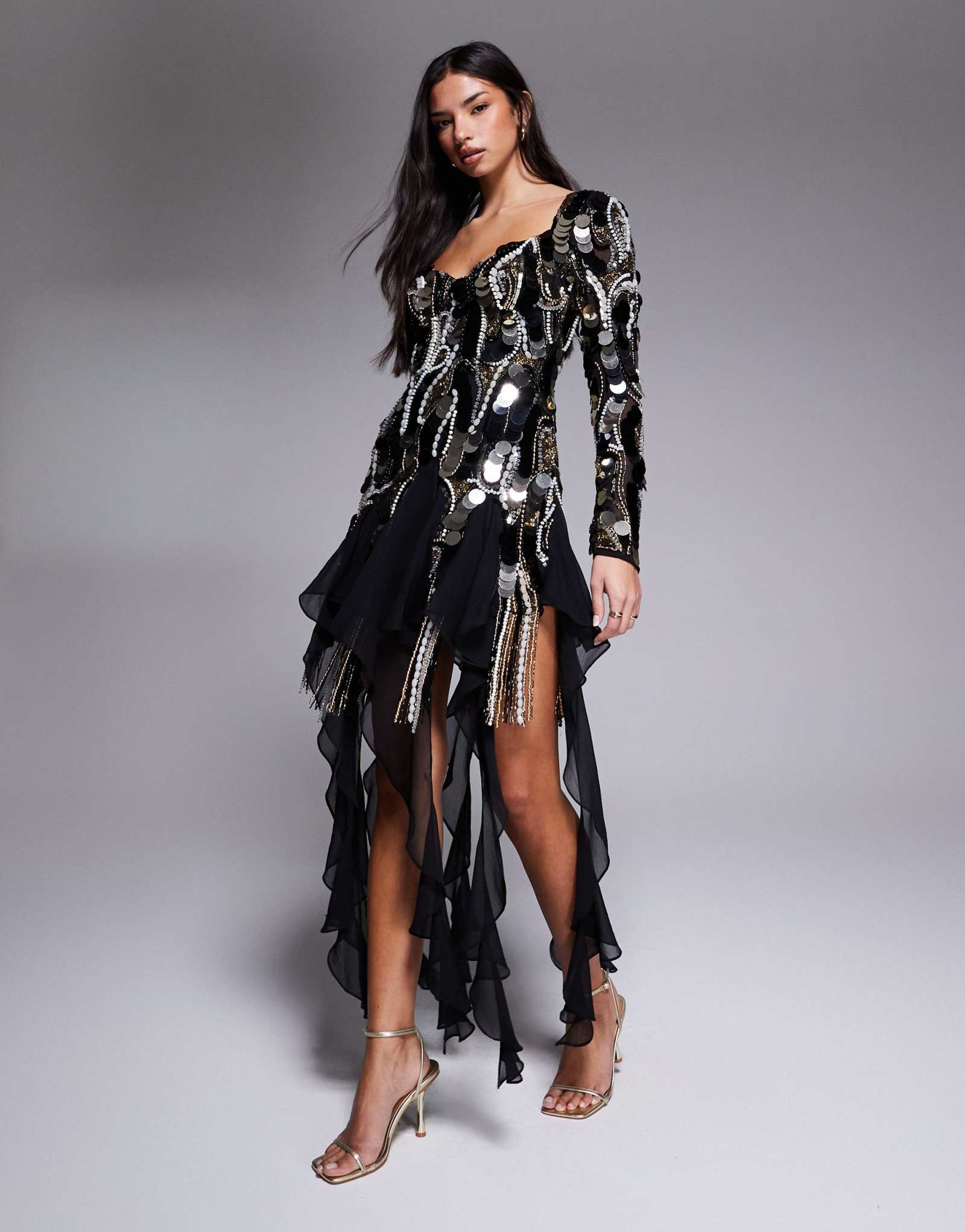 Роскошное мини-платье ASOS черного цвета с отделкой из шифона