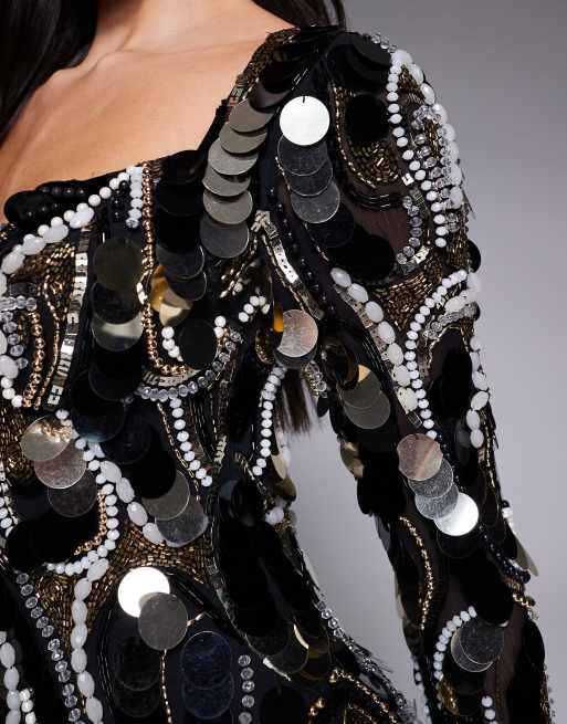 ASOS LUXE embellished chiffon trim mini dress in black