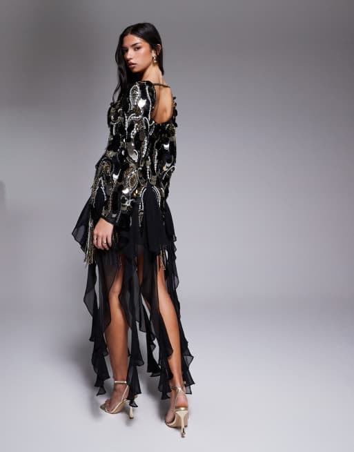 ASOS LUXE embellished chiffon trim mini dress in black