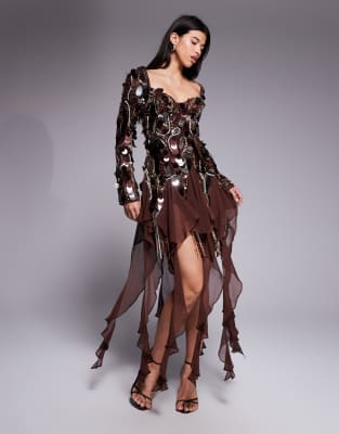 embellished chiffon trim mini dress in brown