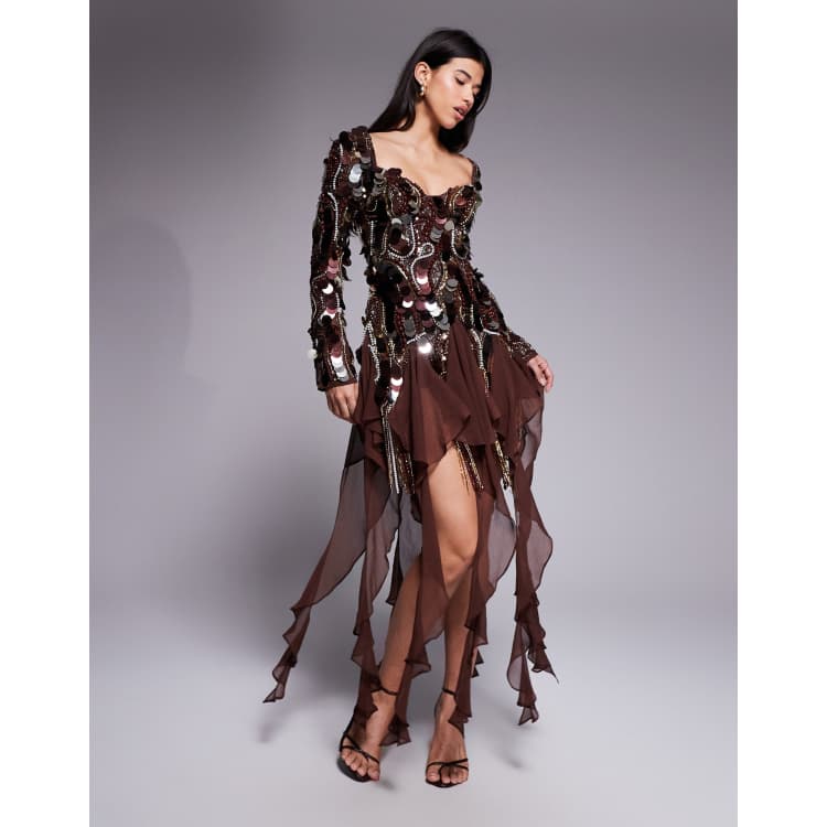 ASOS LUXE embellished chiffon trim mini dress in brown | ASOS
