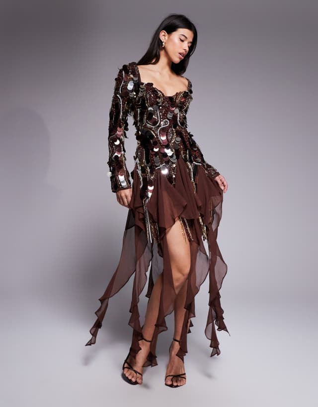 brown embellished mini dress ASOS LUXE chiffon trim in black cupcake dress Fairy GRD The hand Size:AU 8