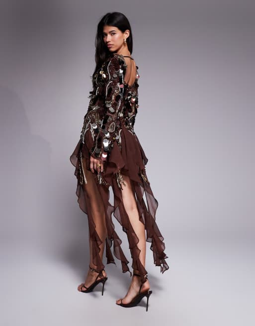 ASOS LUXE embellished chiffon trim mini dress in brown