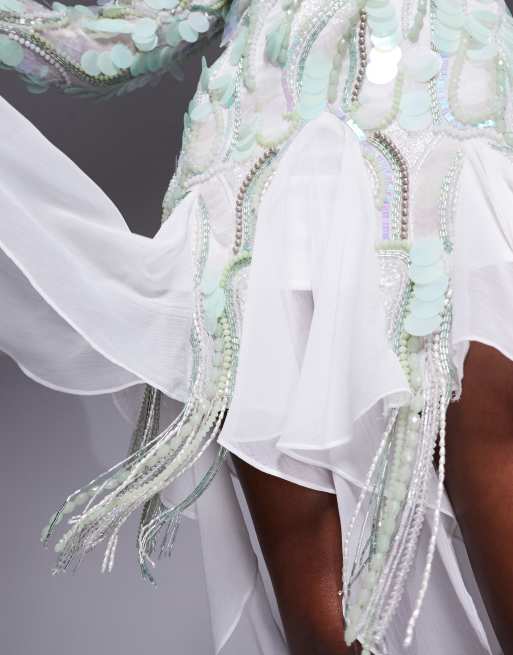 ASOS LUXE Embellished Chiffon trim mini dress in light green