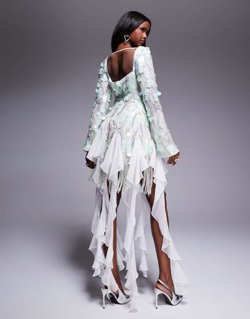 ASOS LUXE Embellished Chiffon trim mini dress in light green