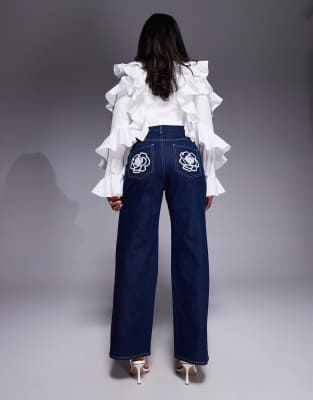 Asos Luxe Embellished Cornelli Straight Leg Jean In Blue