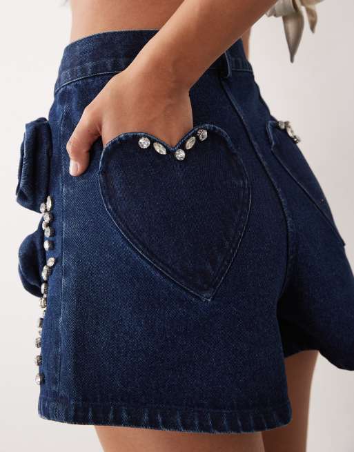 ASOS LUXE embellished corsage detail denim short in dark wash, 3 of 5