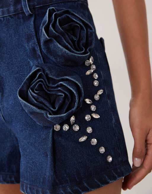 ASOS LUXE embellished corsage detail denim short in dark wash, 4 of 5