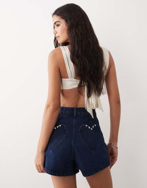 ASOS LUXE embellished corsage detail denim short in dark wash, 5 of 5