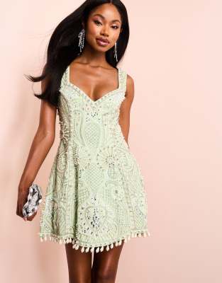 embellished cotton sweetheart caged mini dress in sage green-White