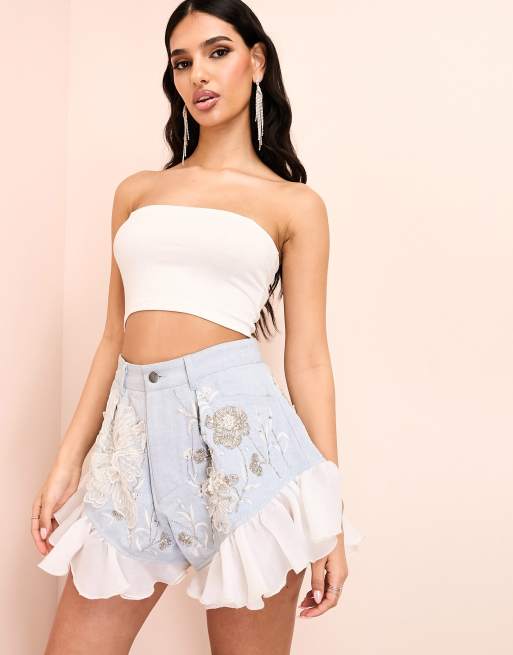 CerbeShops LUXE embellished denim shorts with organza trim in mid wash blue