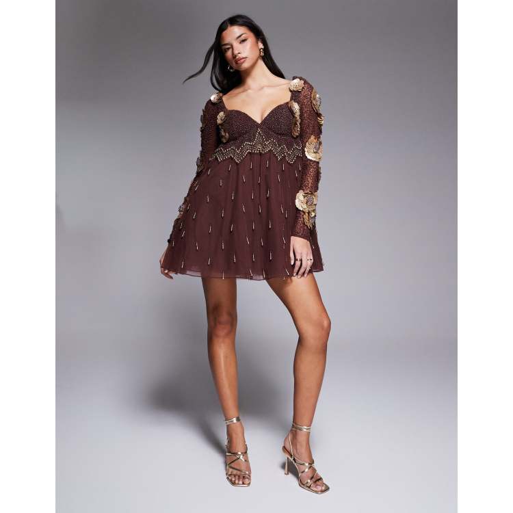asos design embellished mini dress with drape pearl detail ASOS DESIGN US Exclusive embellished pearl baroque detail strappy mini dress  in gold