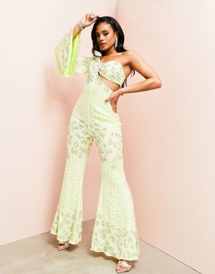 ASOS LUXE embellished fluted sleeve flared jumpsuit in lime