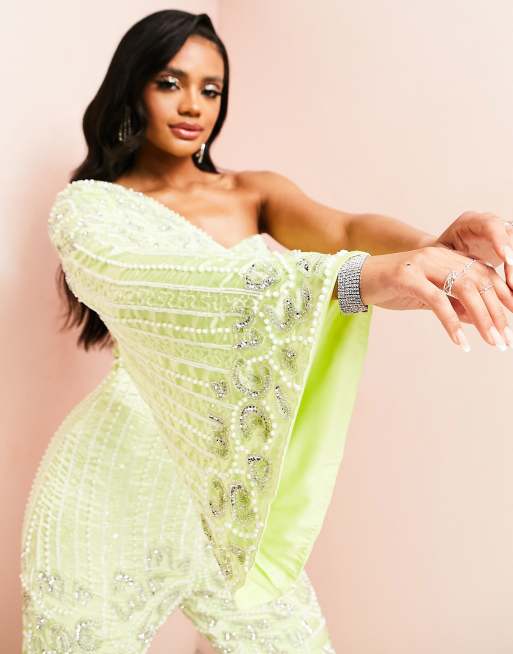 ASOS LUXE embellished fluted sleeve flared jumpsuit in lime