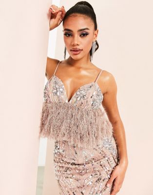 ASOS LUXE embellished gemstone bralet with faux feather hem in mink - ASOS Price Checker