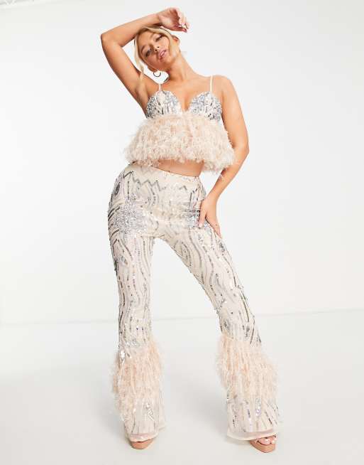 ASOS LUXE co-ord sheer lace flare trousers in white